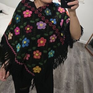 Vibrant Floral Black Fringed Wrap